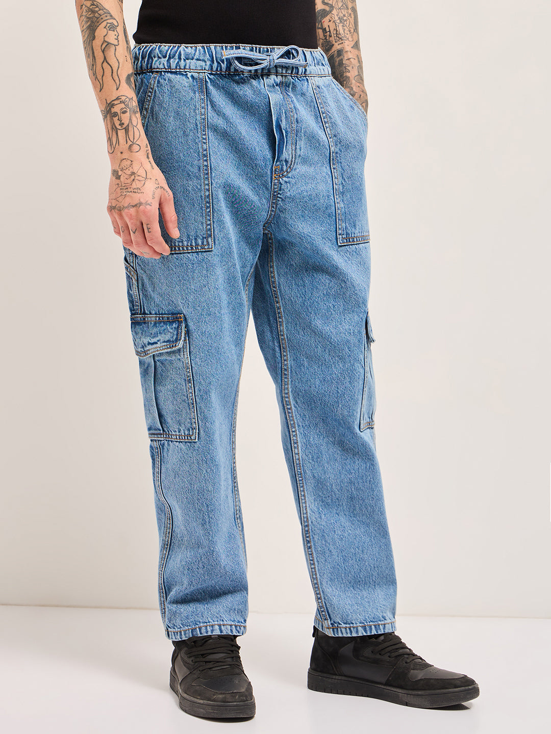 Blue with Mid Fade Mid-Rise Elasticated Waist Baggy Fit Cargo Jeans