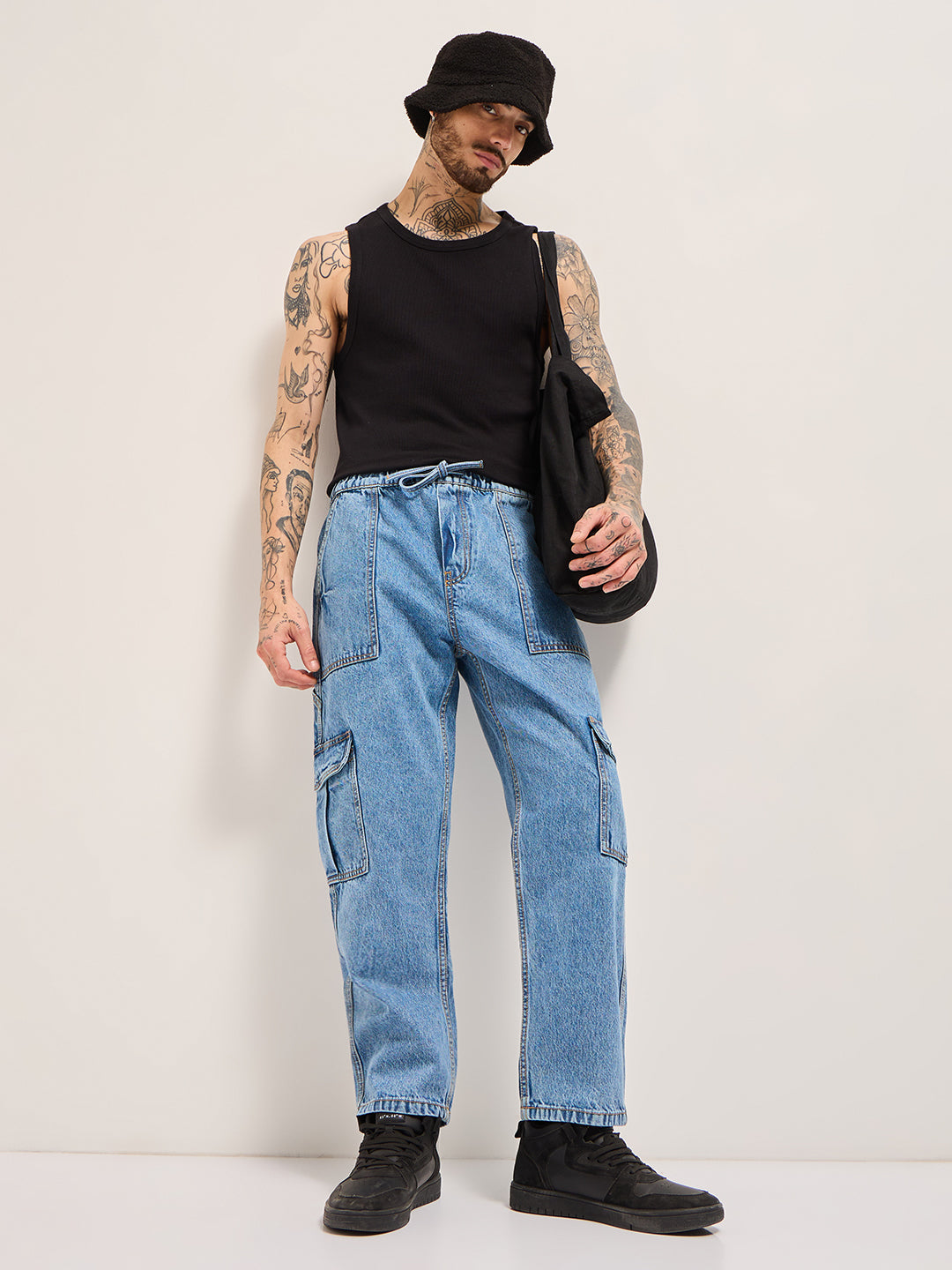 Blue with Mid Fade Mid-Rise Elasticated Waist Baggy Fit Cargo Jeans