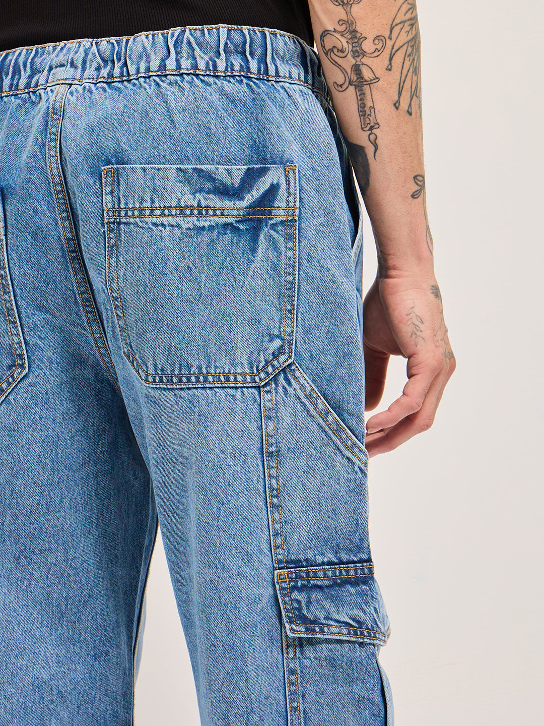 Blue with Mid Fade Mid-Rise Elasticated Waist Baggy Fit Cargo Jeans