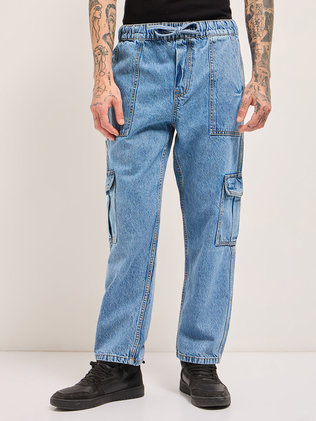 Blue with Mid Fade Mid-Rise Elasticated Waist Baggy Fit Cargo Jeans