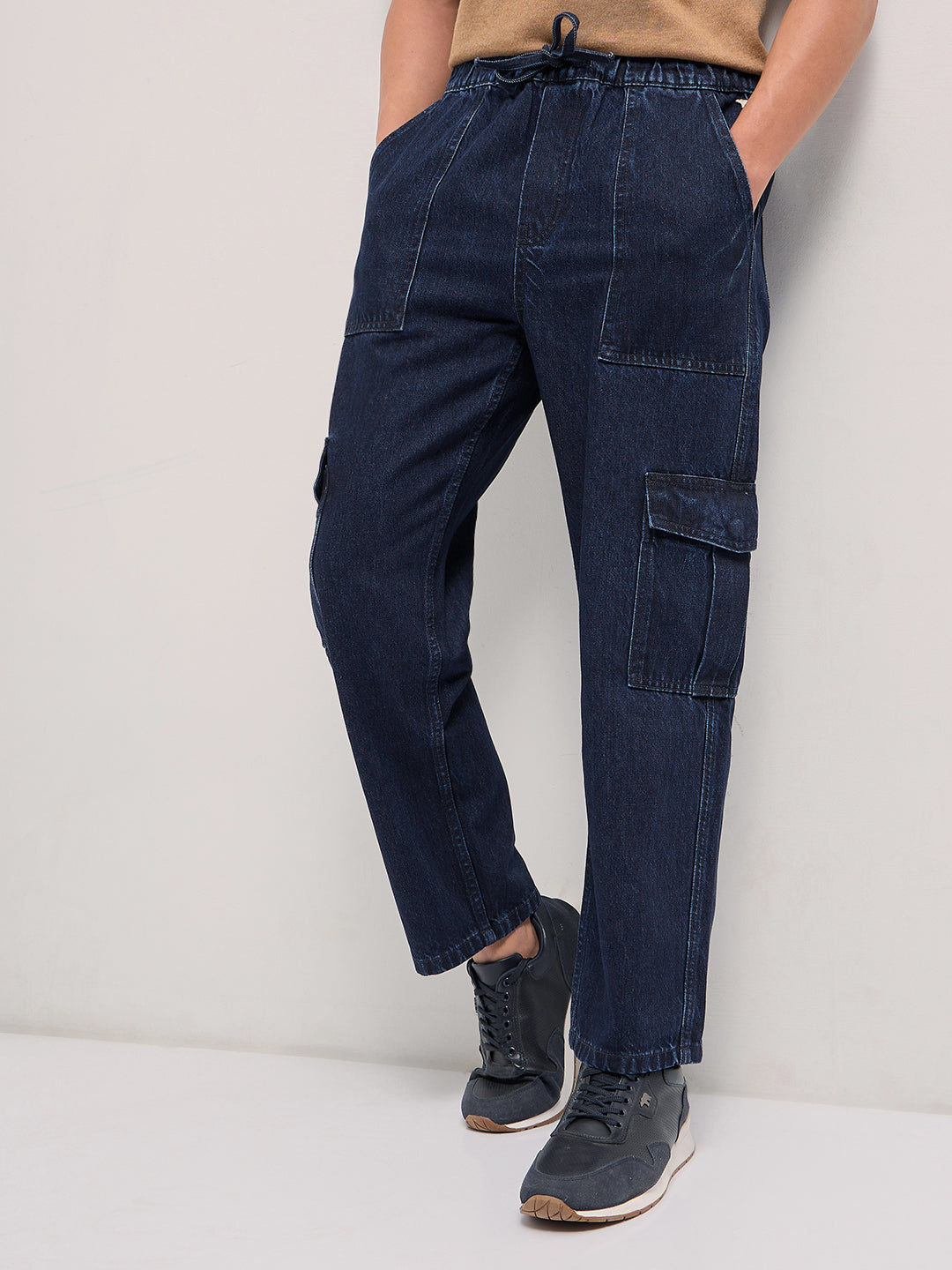 Blue Mid-Rise Elasticated Waist Baggy Fit Cargo Jeans