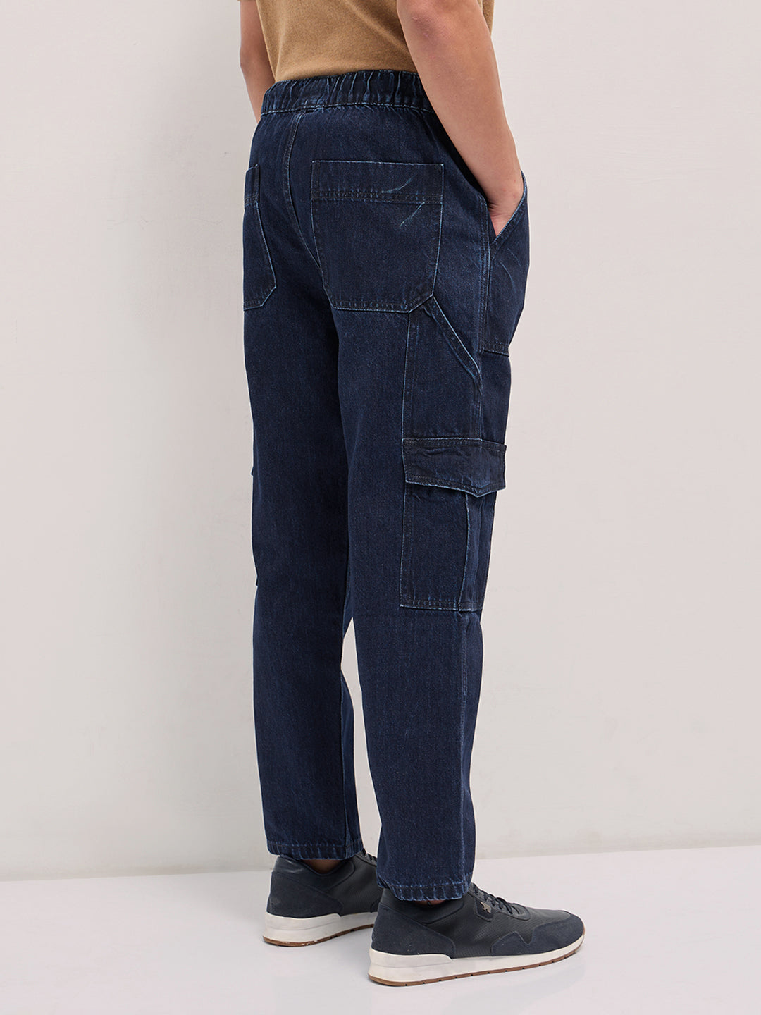 Blue Mid-Rise Elasticated Waist Baggy Fit Cargo Jeans
