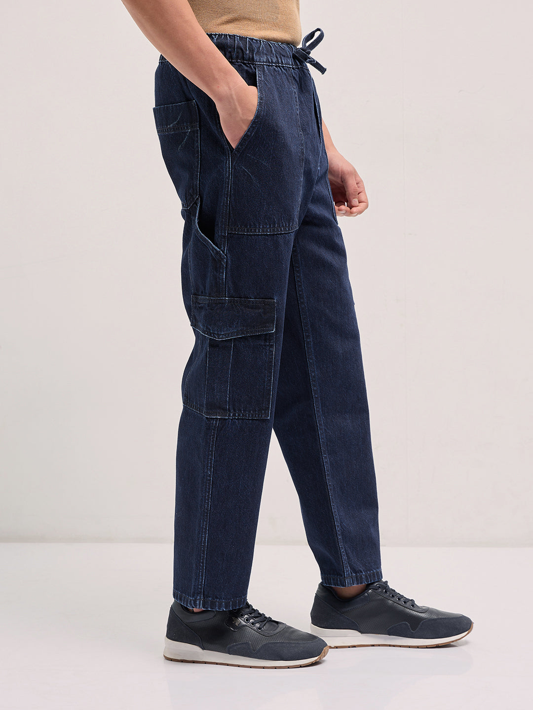 Blue Mid-Rise Elasticated Waist Baggy Fit Cargo Jeans