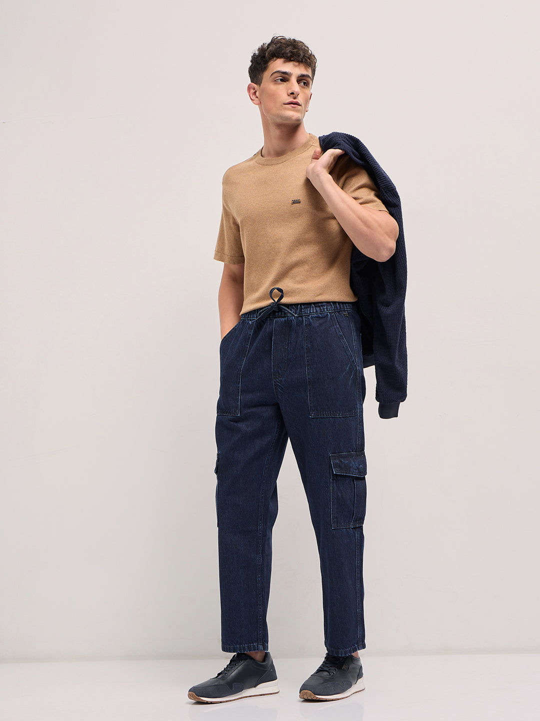 Blue Mid-Rise Elasticated Waist Baggy Fit Cargo Jeans