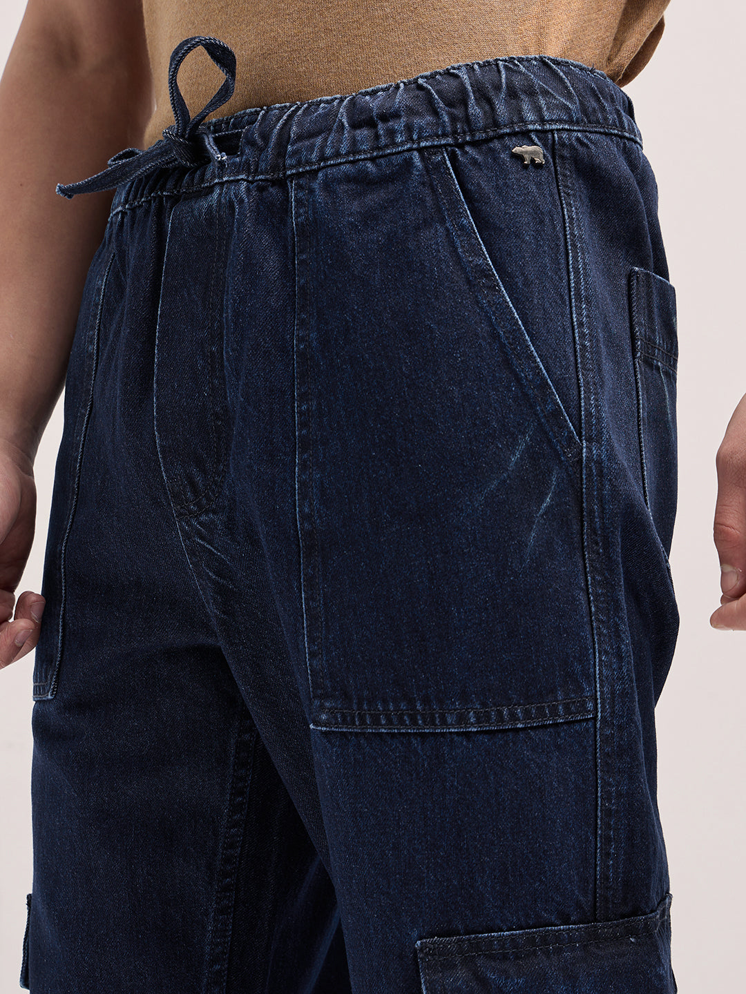 Blue Mid-Rise Elasticated Waist Baggy Fit Cargo Jeans