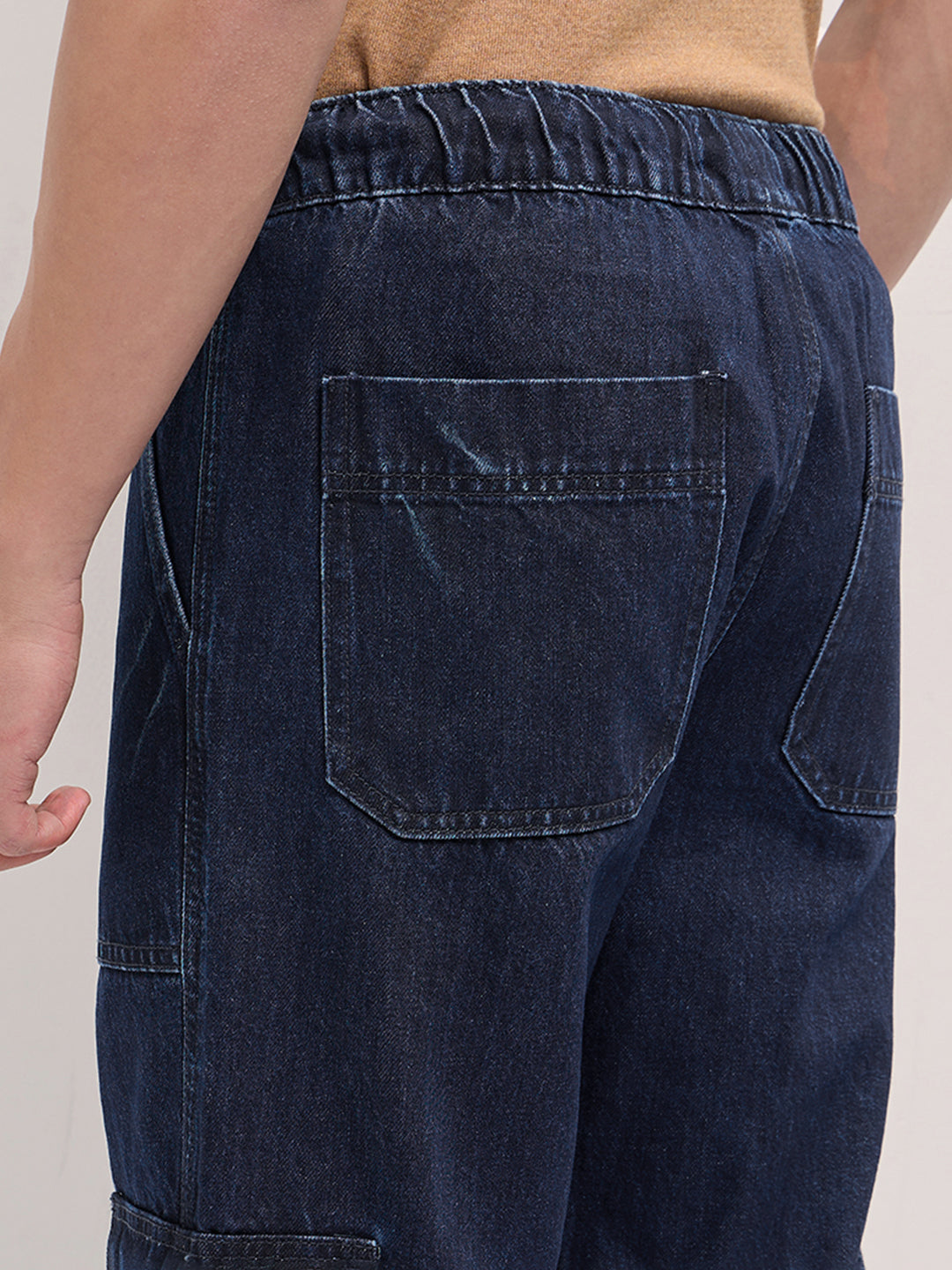 Blue Mid-Rise Elasticated Waist Baggy Fit Cargo Jeans