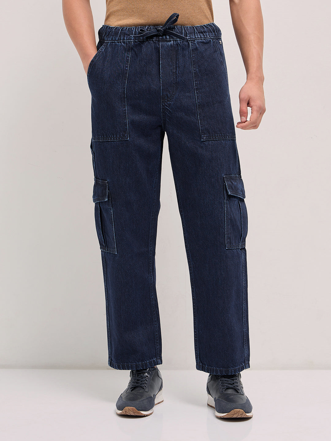 Blue Mid-Rise Elasticated Waist Baggy Fit Cargo Jeans
