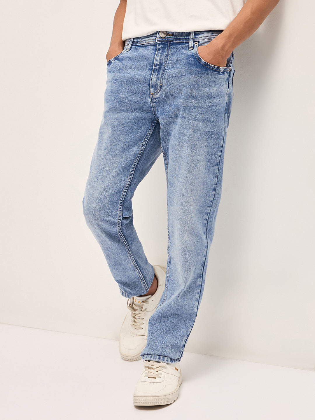 Light Blue Mid-Rise Slim Fit Jeans with Mid Fade