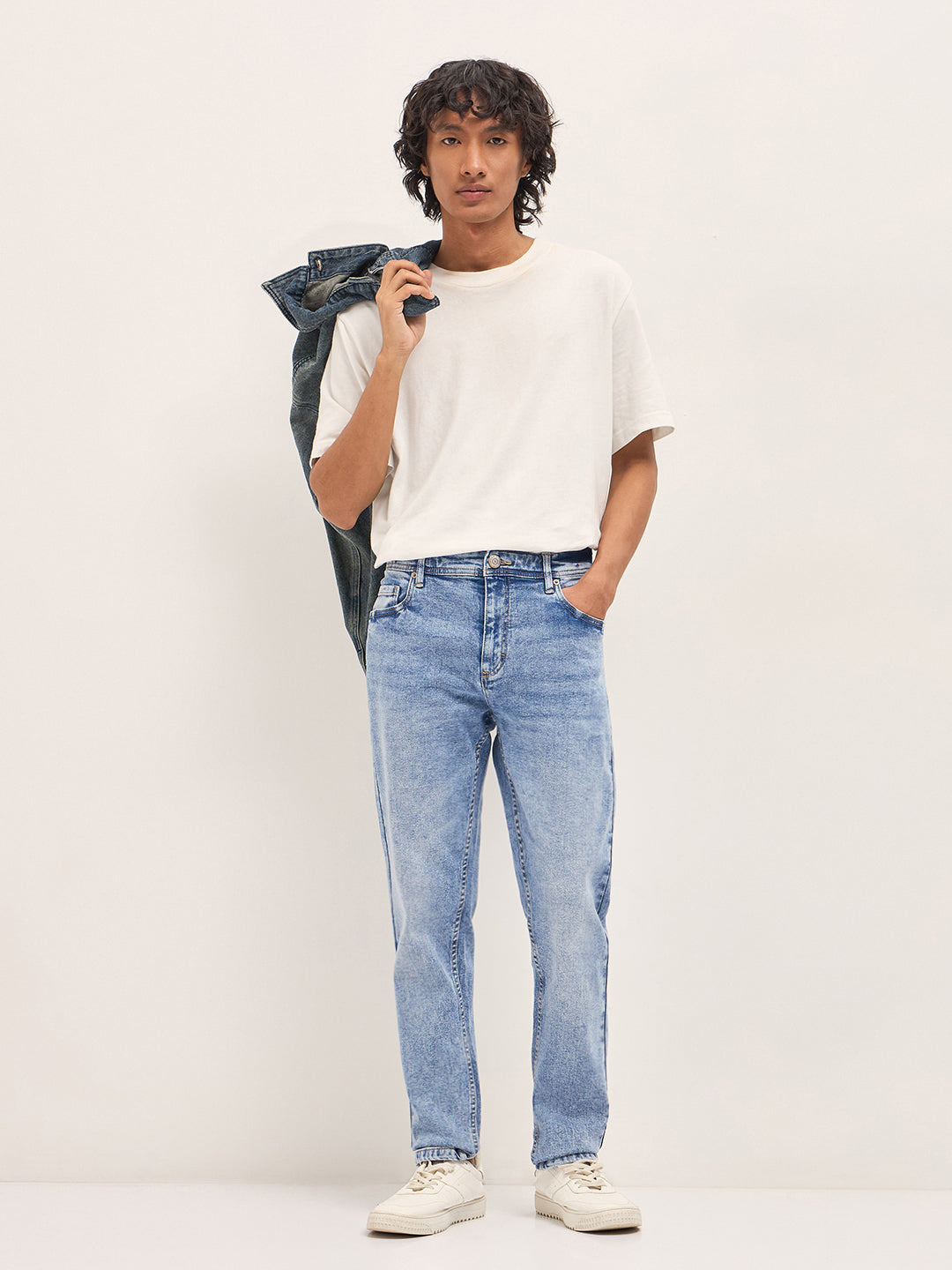 Light Blue Mid-Rise Slim Fit Jeans with Mid Fade