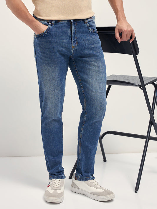 Mid Blue Mid-Rise Slim Fit Jeans with Light Fade
