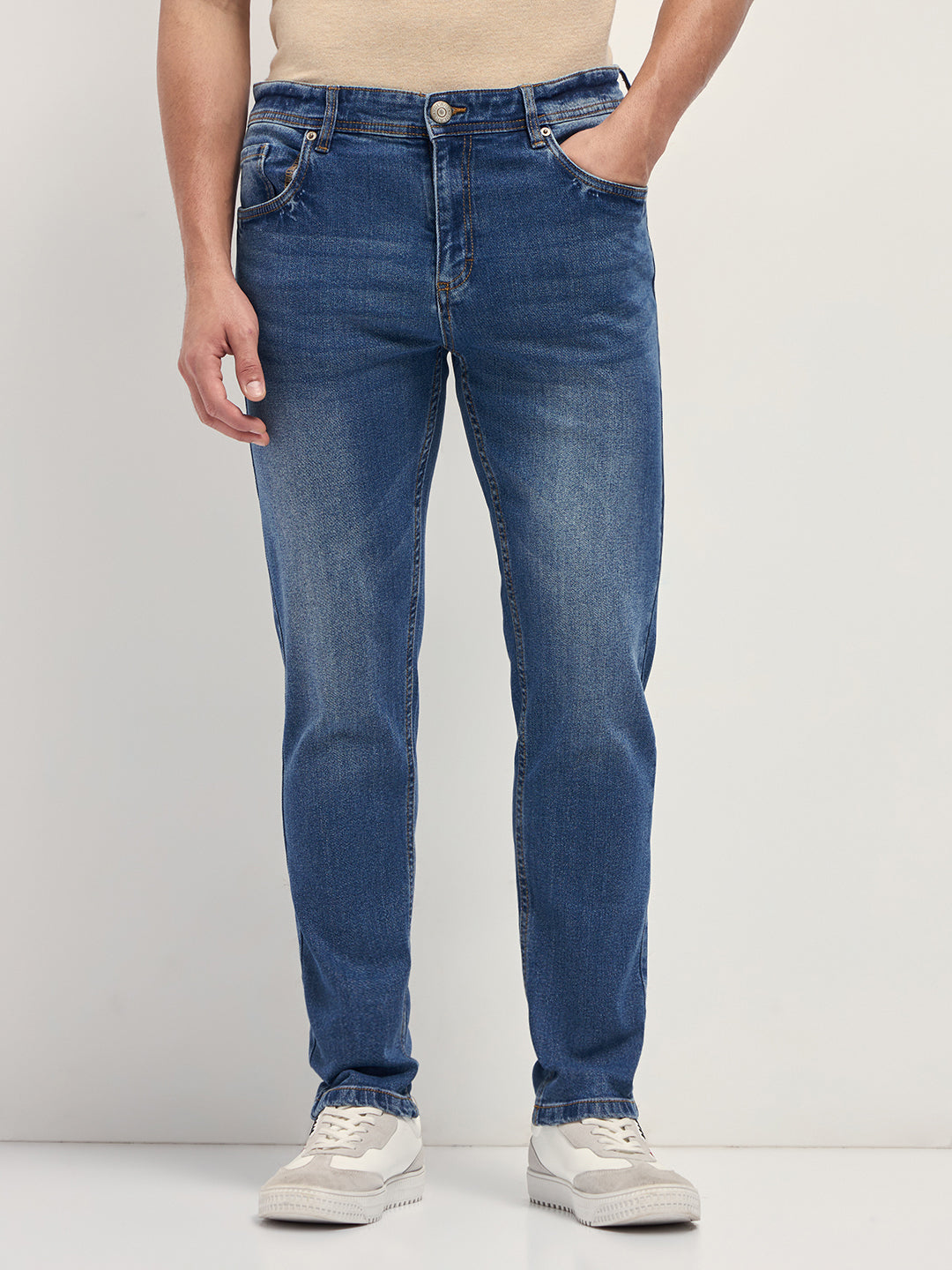 Mid Blue Mid-Rise Slim Fit Jeans with Light Fade