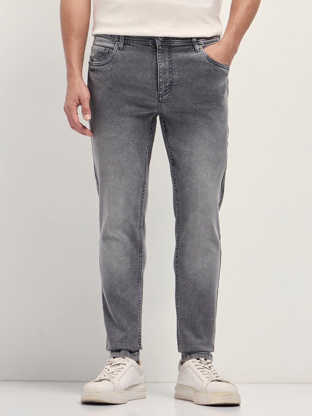 Light Grey Mid-Rise Skinny Fit Jeans with Light Fade