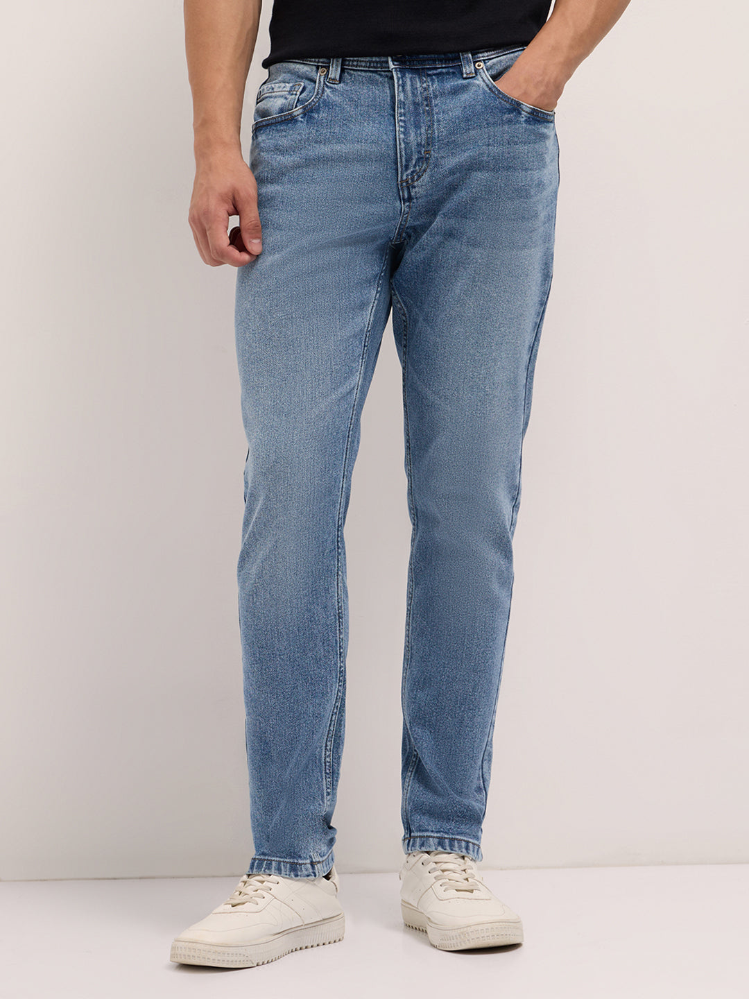 Light Blue Mid-Rise Slim Fit Jeans with Mid Fade