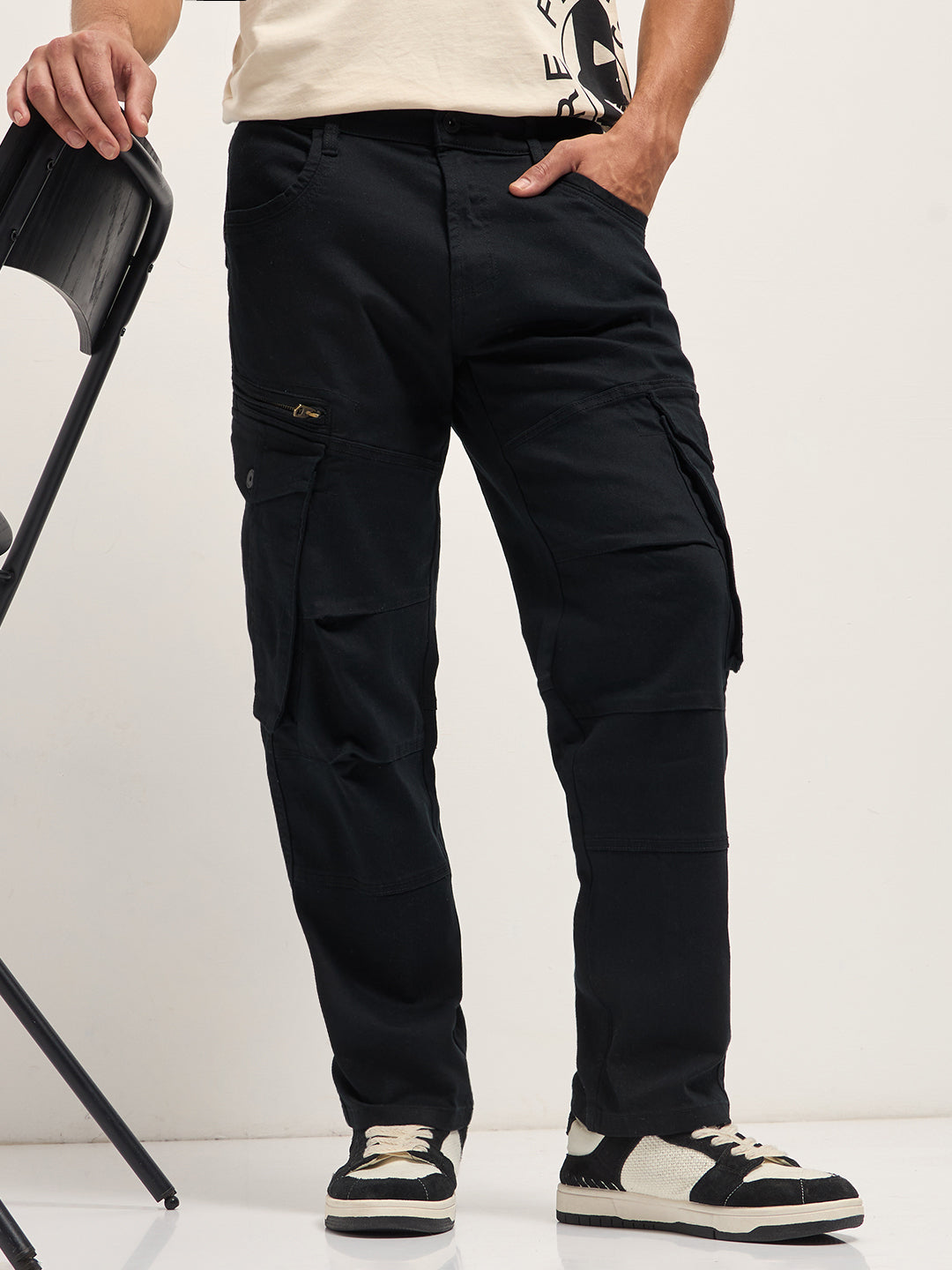 Black Solid Straight Fit Cargo Denim with Utility Pockets