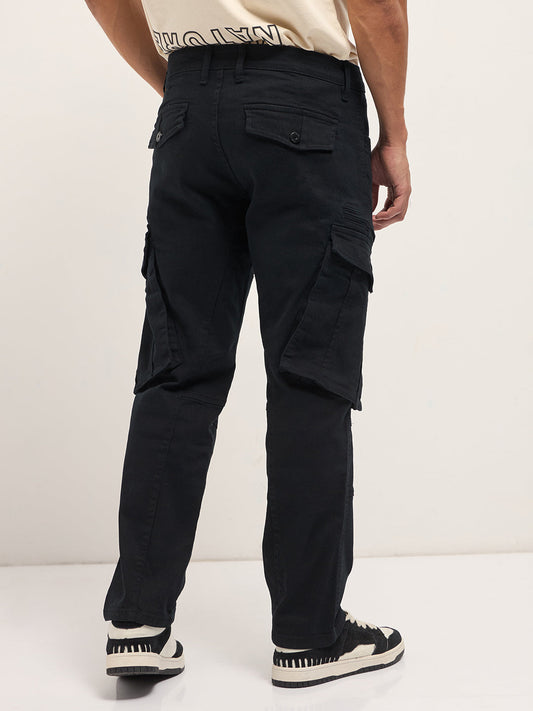 Black Solid Straight Fit Cargo Denim with Utility Pockets