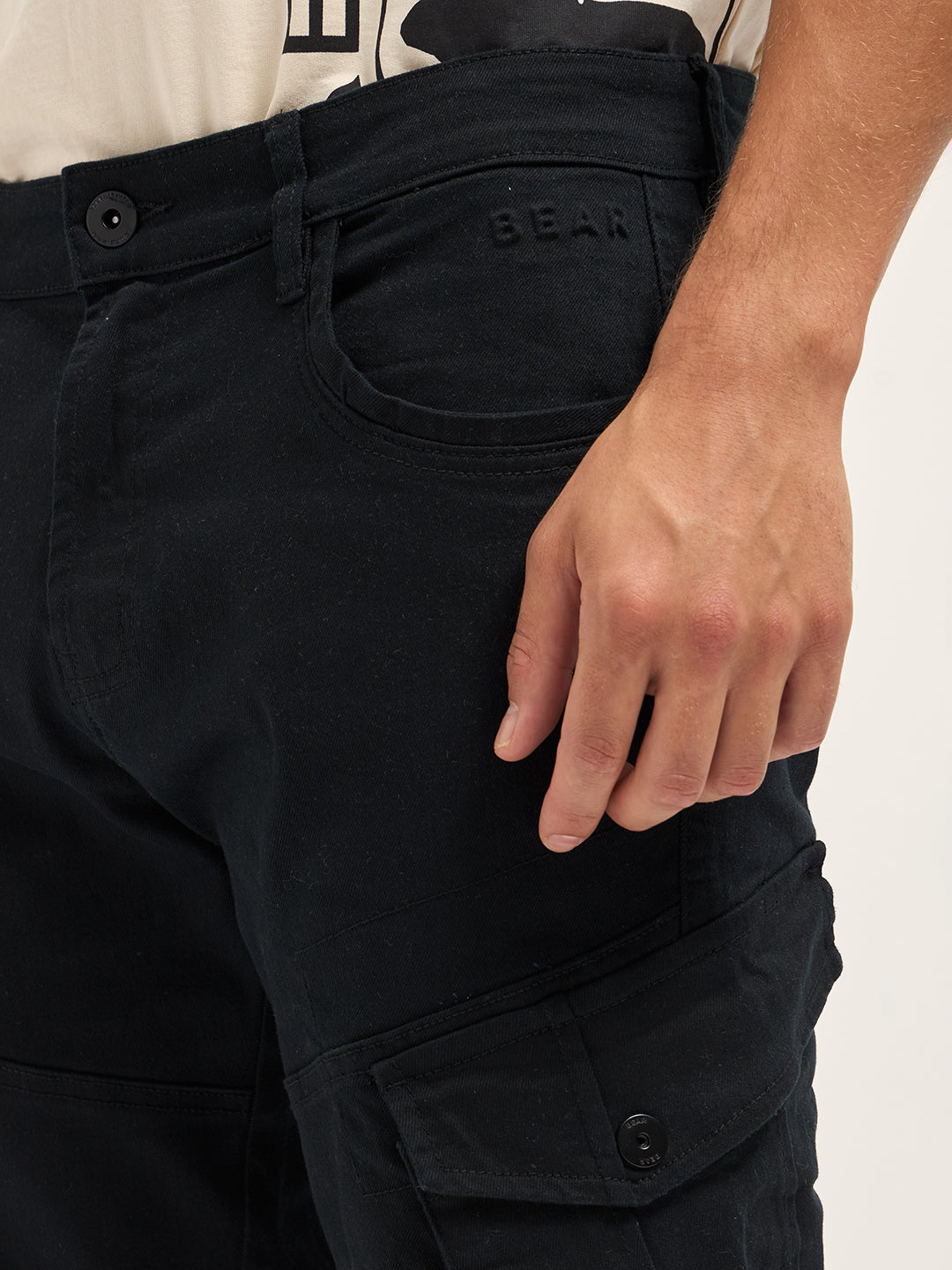 Black Solid Straight Fit Cargo Denim with Utility Pockets