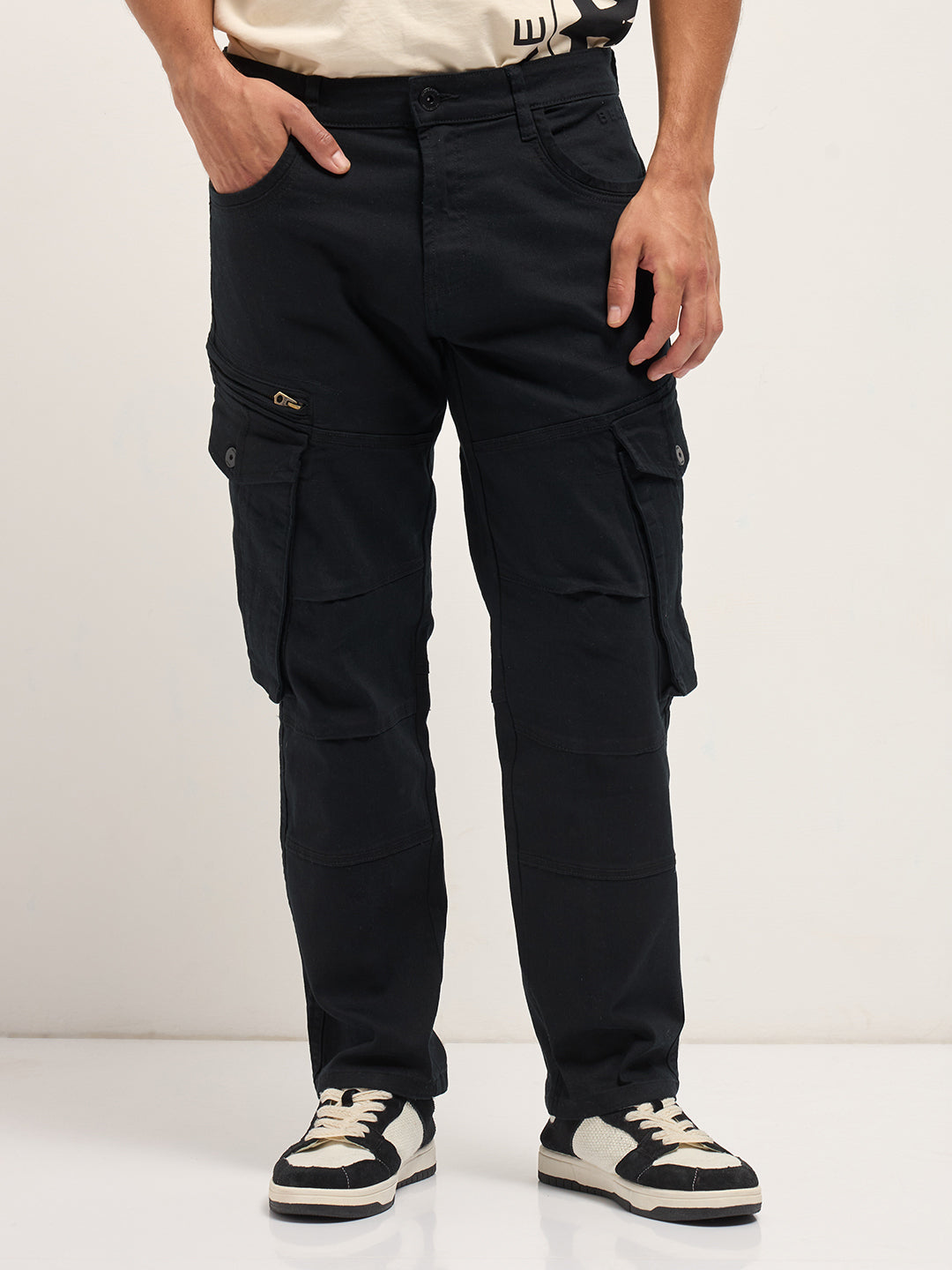 Black Solid Straight Fit Cargo Denim with Utility Pockets