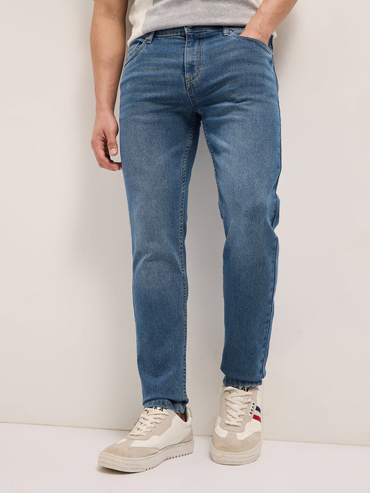 Mid Blue Mid-Rise Slim Fit Jeans with Light Fade