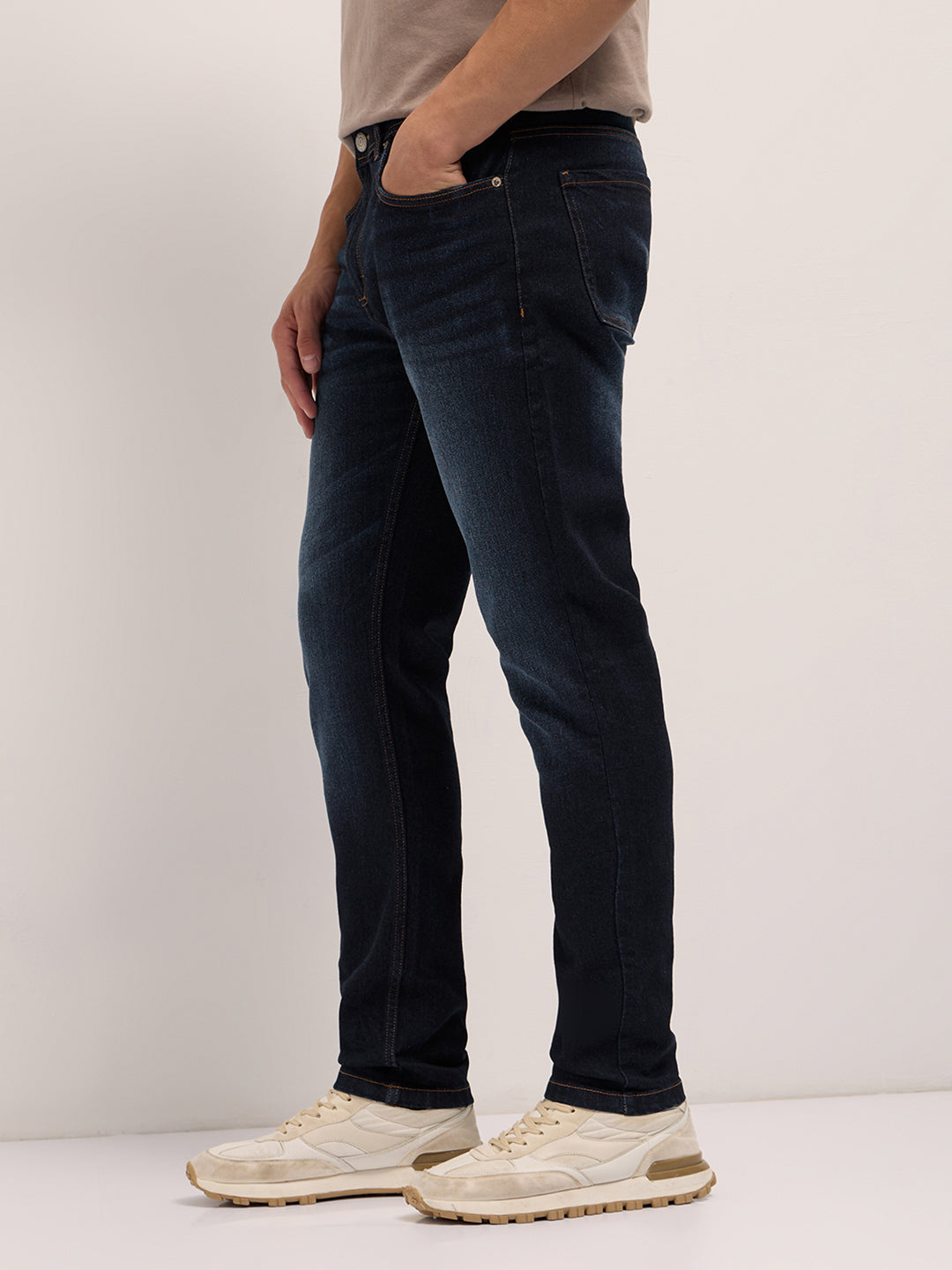 Dark Blue Mid-Rise Slim Fit Jeans with Light Fade