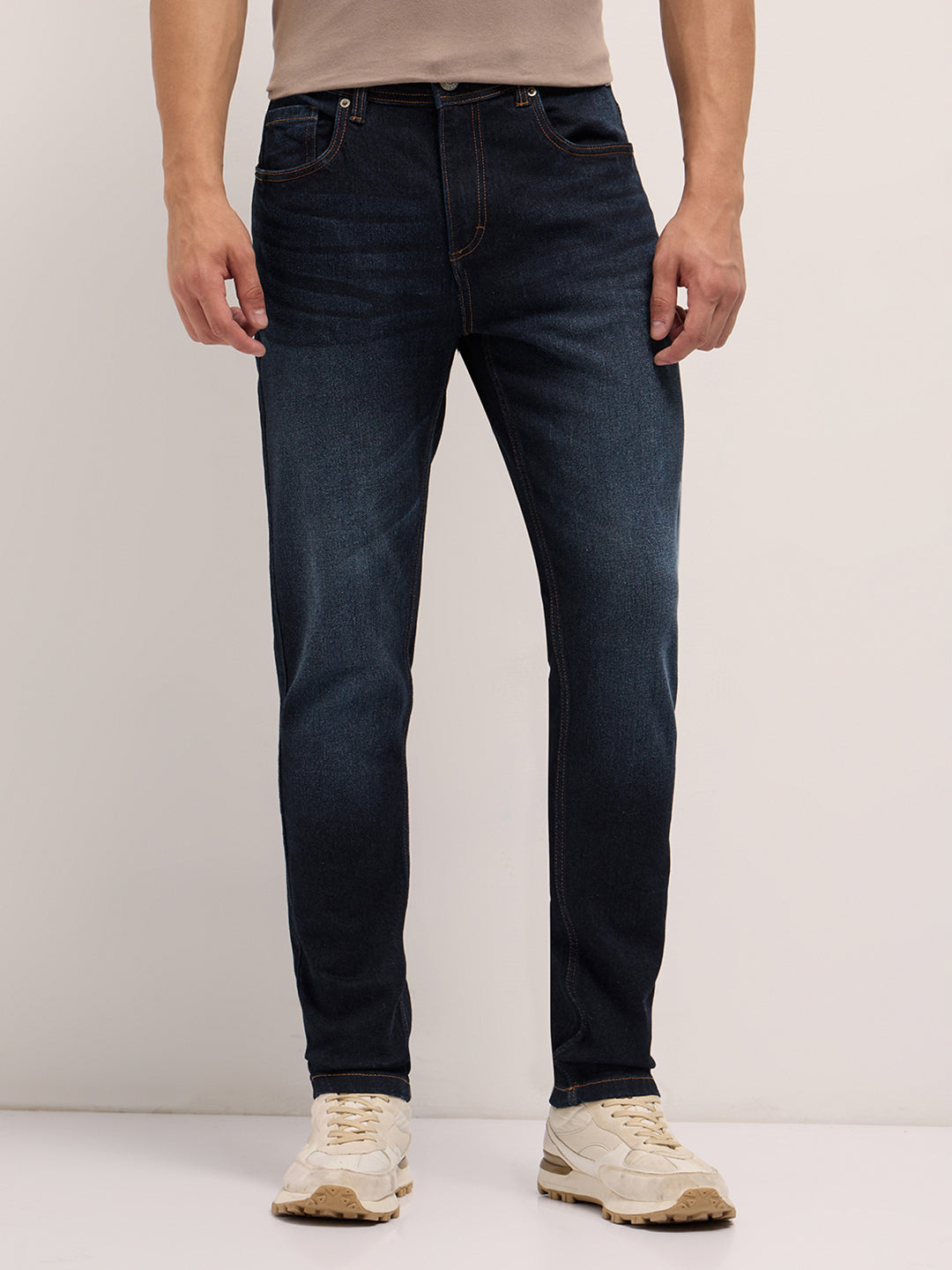 Dark Blue Mid-Rise Slim Fit Jeans with Light Fade