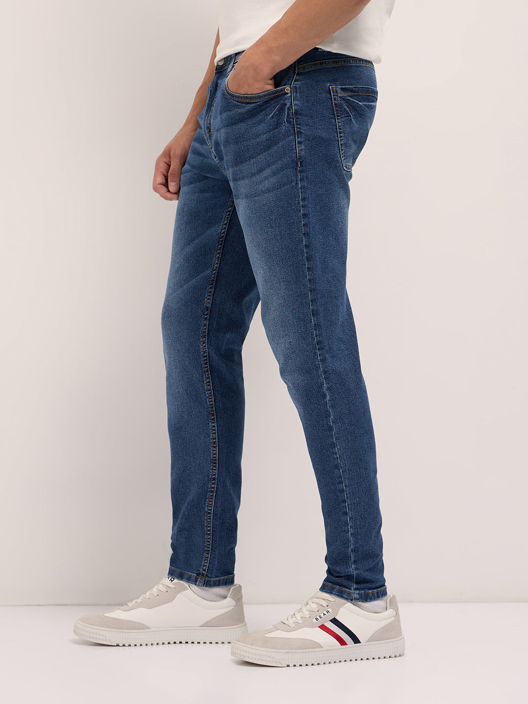 Mid Blue Mid-Rise Skinny Fit Jeans with Light Fade