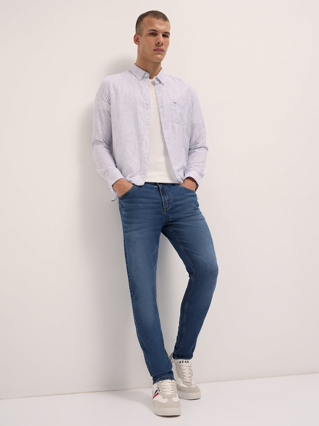 Mid Blue Mid-Rise Skinny Fit Jeans with Light Fade