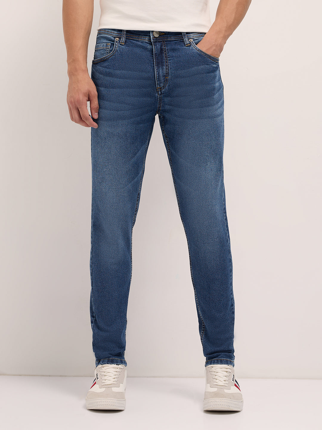 Mid Blue Mid-Rise Skinny Fit Jeans with Light Fade