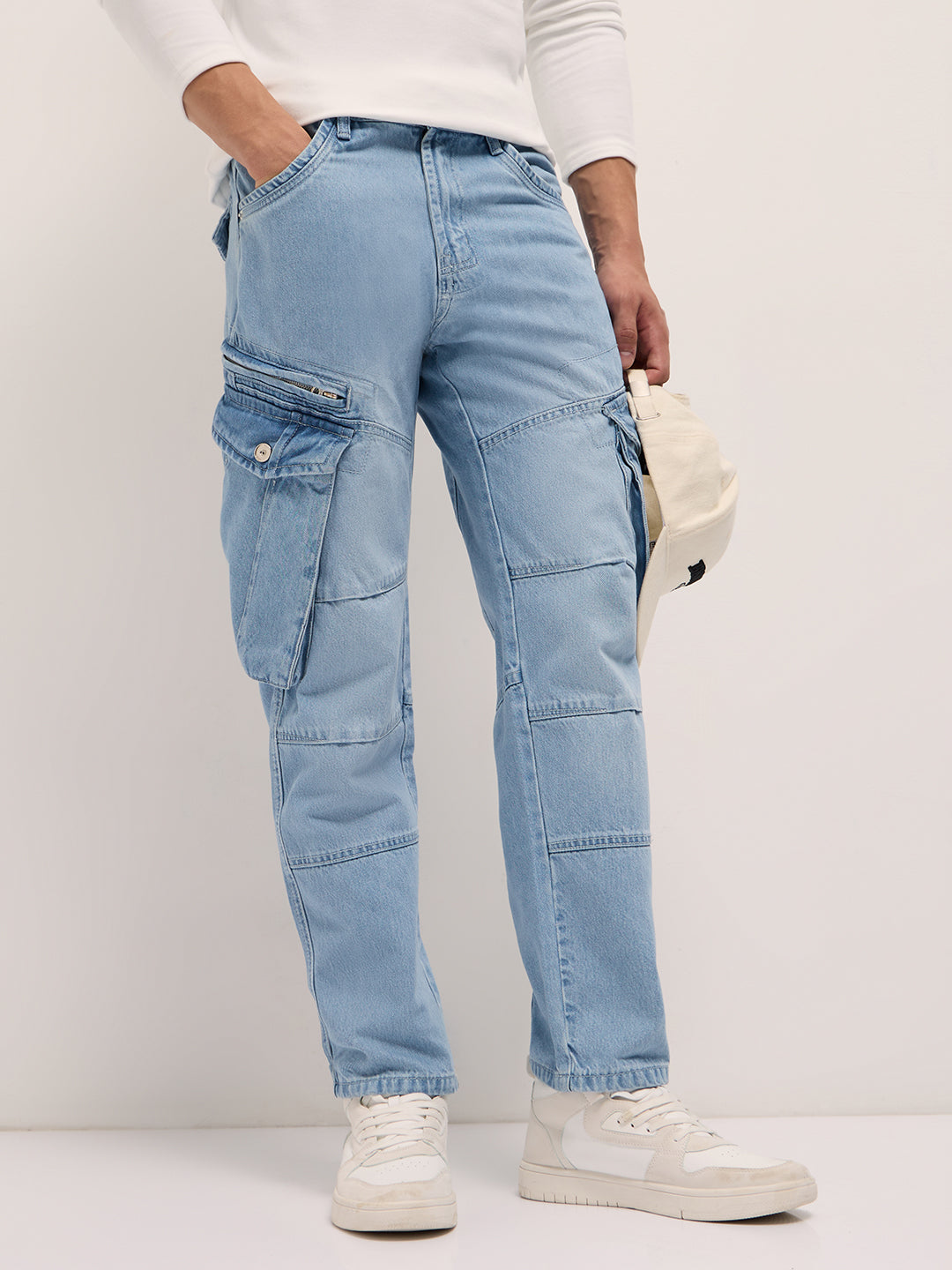 Light Blue Mid-Rise Straight Fit Cargo Jeans with Utility Pockets