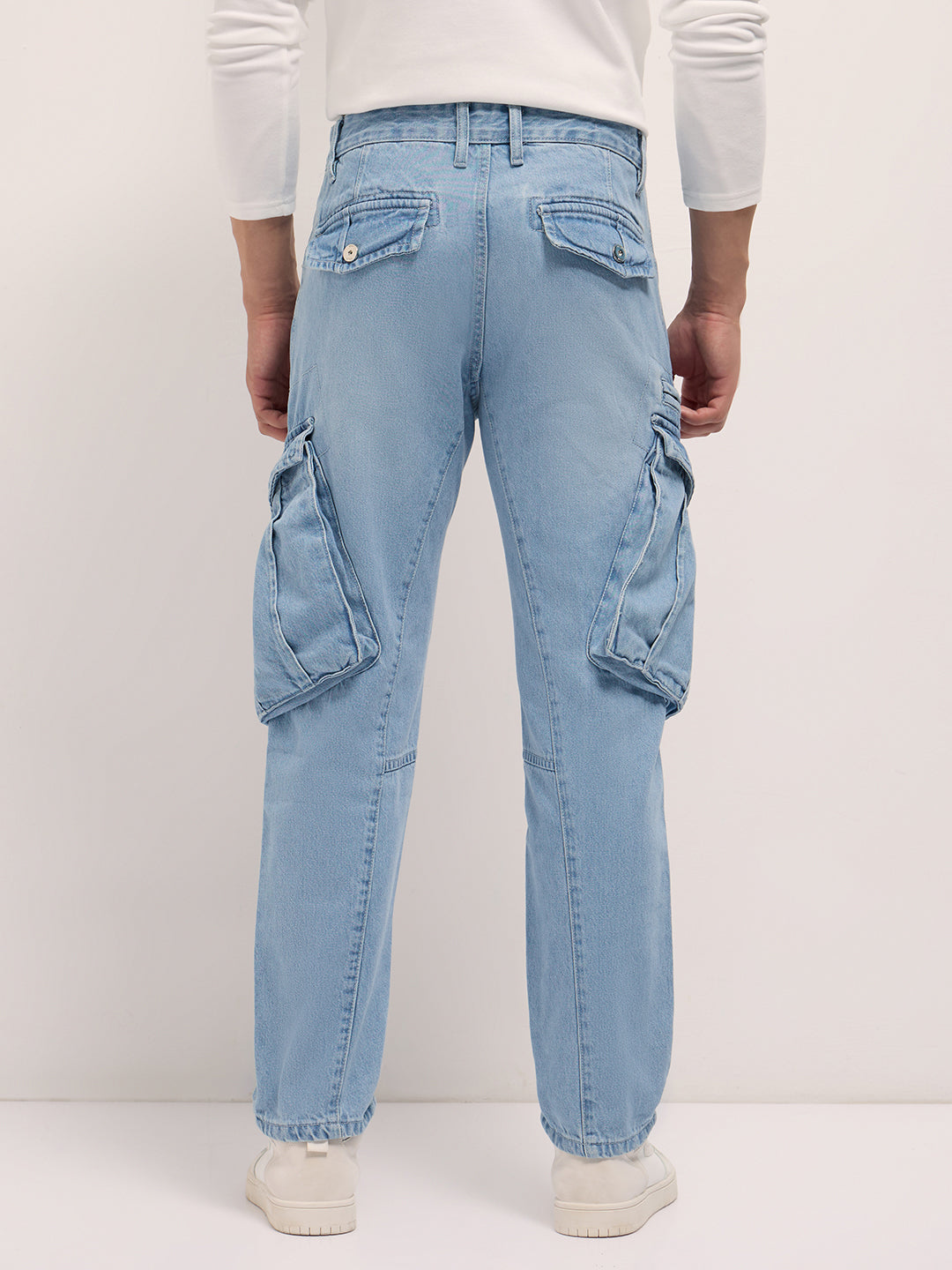 Light Blue Mid-Rise Straight Fit Cargo Jeans with Utility Pockets