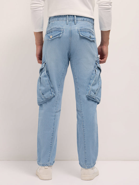 Light Blue Mid-Rise Straight Fit Cargo Jeans with Utility Pockets
