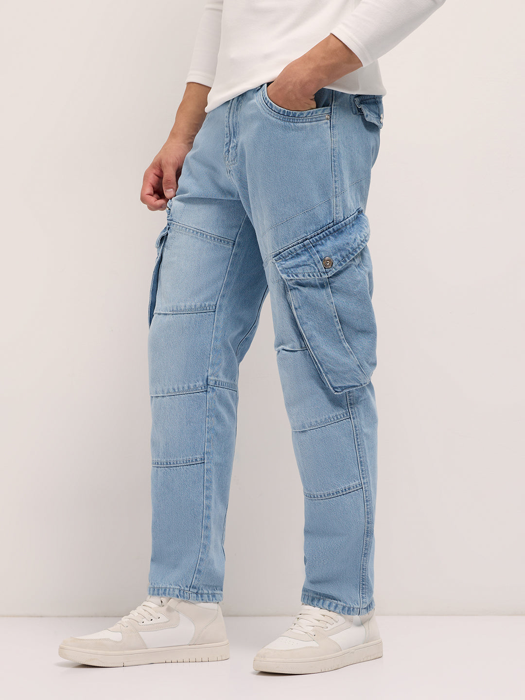 Light Blue Mid-Rise Straight Fit Cargo Jeans with Utility Pockets
