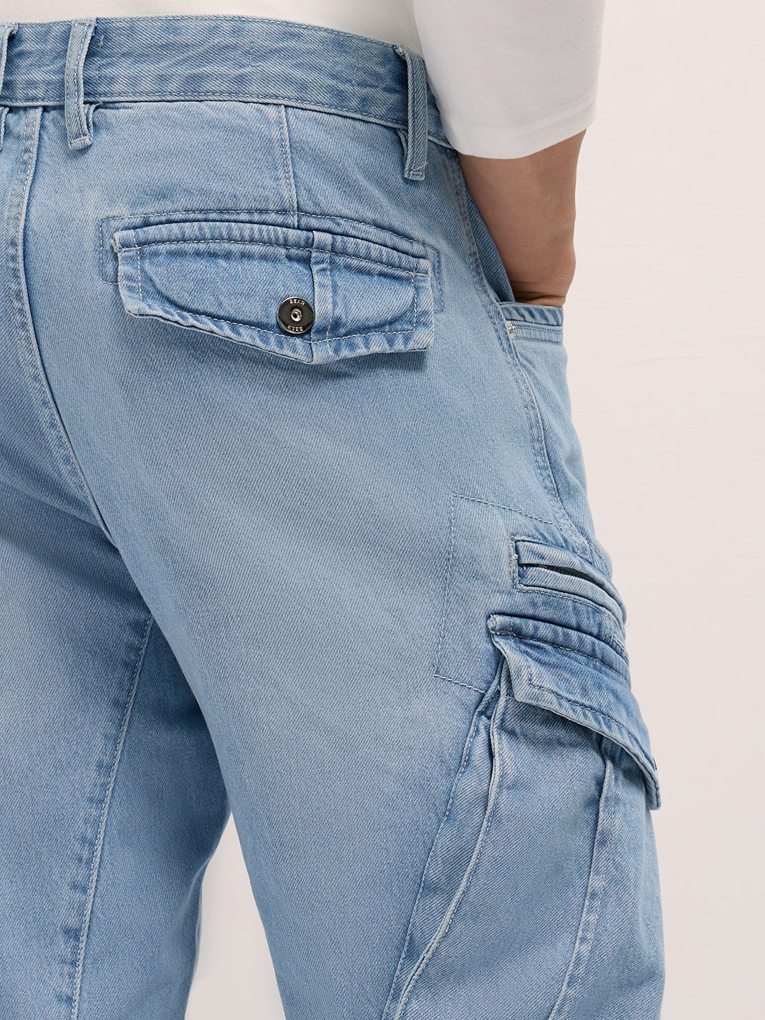 Light Blue Mid-Rise Straight Fit Cargo Jeans with Utility Pockets