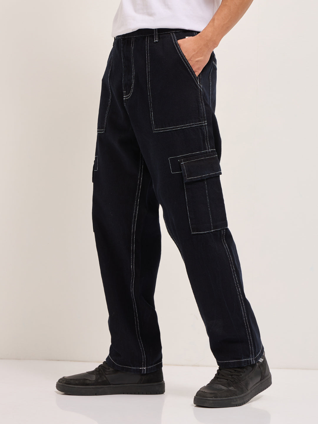 Black Mid-Rise Baggy Fit Cargo Jeans