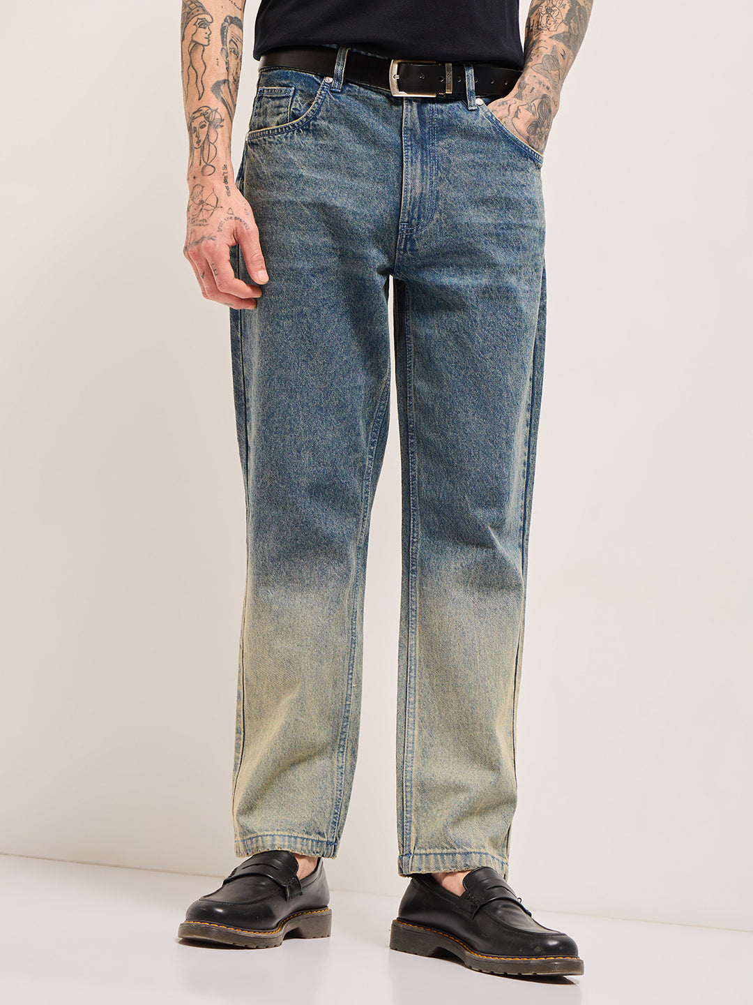 Mid Blue Mid-Rise Straight Fit Jeans with Heavy Gradient Fade