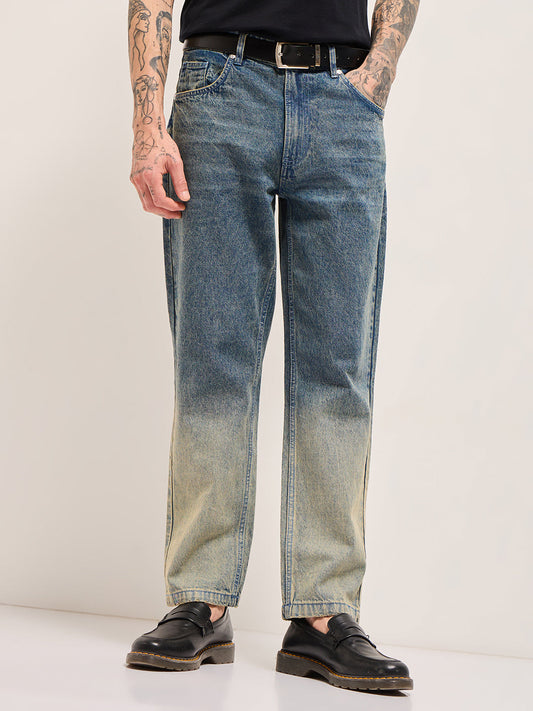 Mid Blue Mid-Rise Straight Fit Jeans with Heavy Gradient Fade