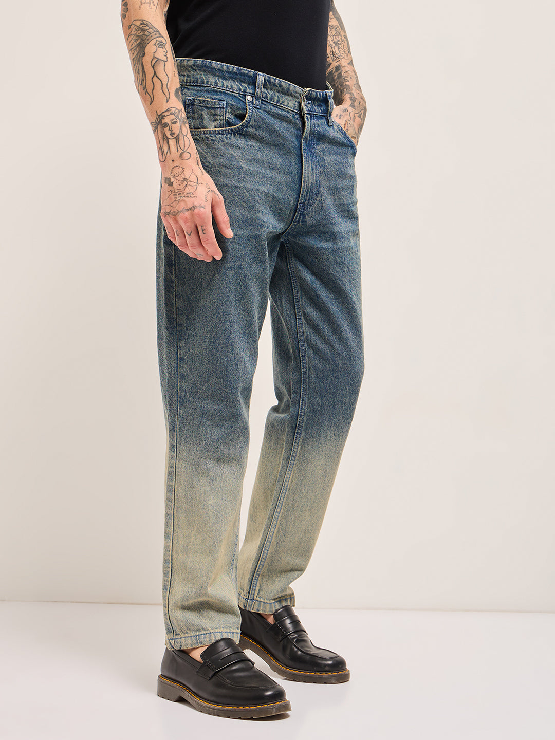 Mid Blue Mid-Rise Straight Fit Jeans with Heavy Gradient Fade
