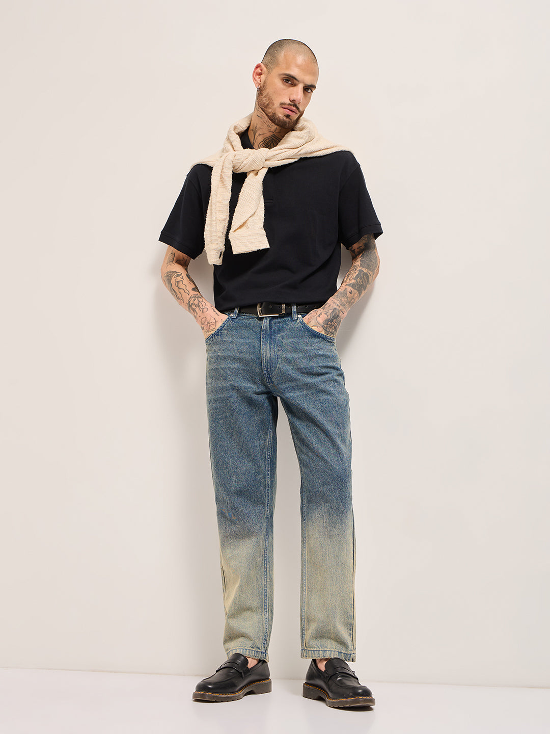 Mid Blue Mid-Rise Straight Fit Jeans with Heavy Gradient Fade