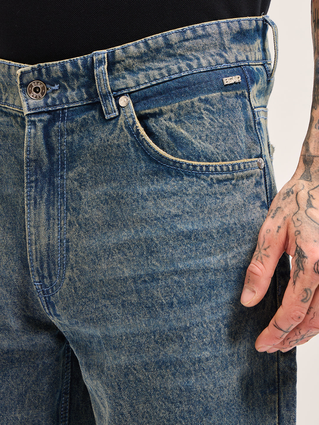 Mid Blue Mid-Rise Straight Fit Jeans with Heavy Gradient Fade