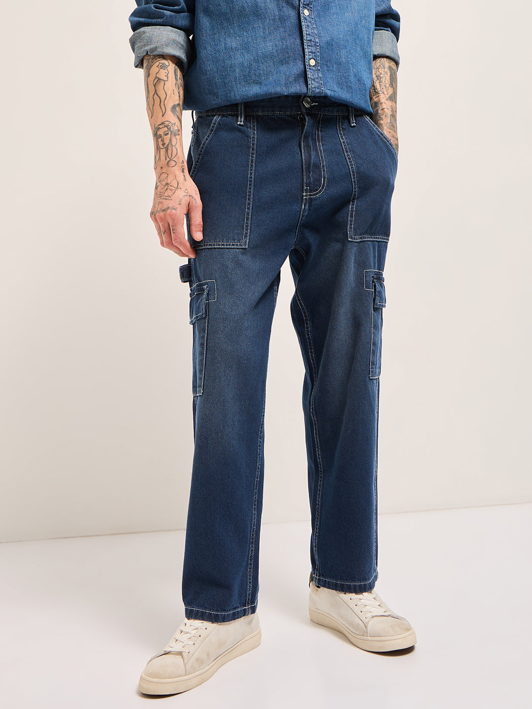 Dark Blue with Mid Fade Mid-Rise Baggy Fit Cargo Jeans