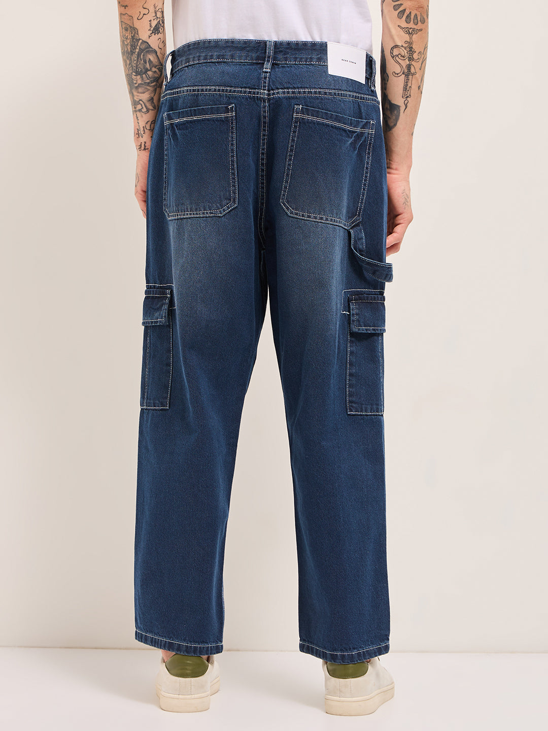 Dark Blue with Mid Fade Mid-Rise Baggy Fit Cargo Jeans