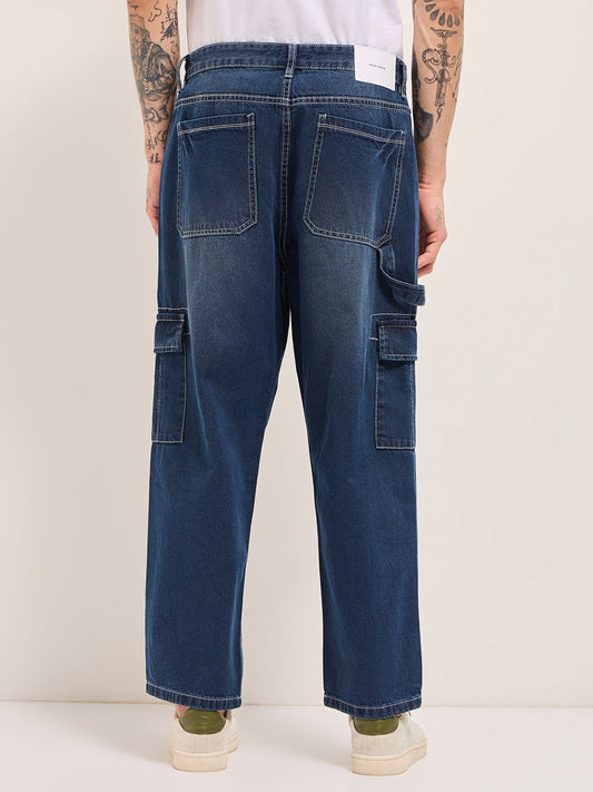 Dark Blue with Mid Fade Mid-Rise Baggy Fit Cargo Jeans