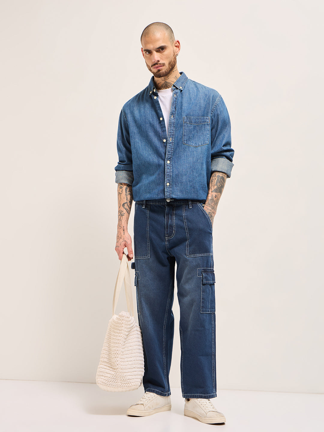Dark Blue with Mid Fade Mid-Rise Baggy Fit Cargo Jeans