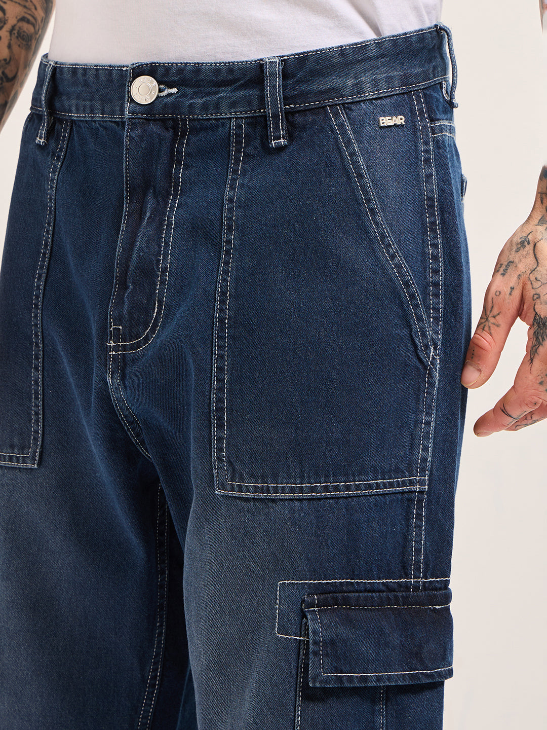 Dark Blue with Mid Fade Mid-Rise Baggy Fit Cargo Jeans