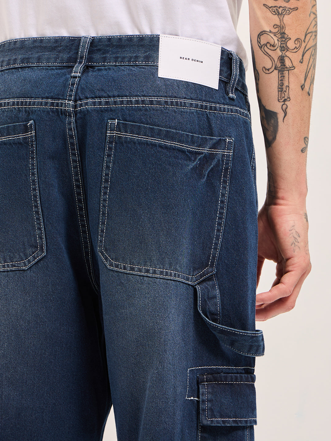 Dark Blue with Mid Fade Mid-Rise Baggy Fit Cargo Jeans