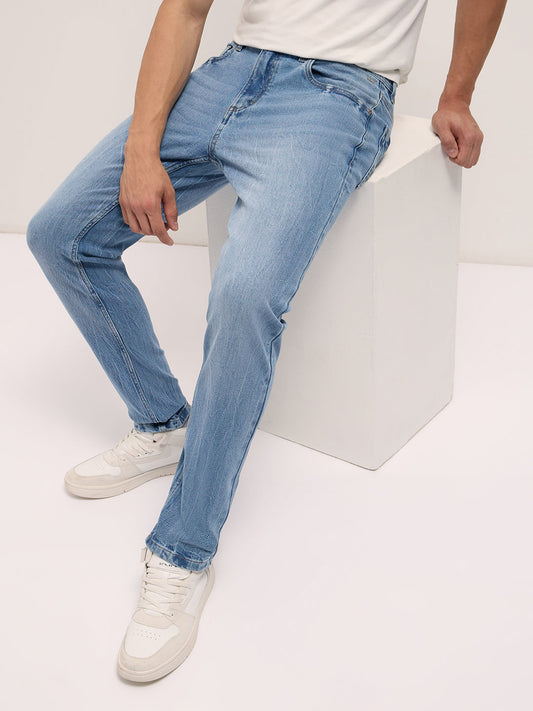 Light Blue Mid-Rise Slim Fit Jeans with Light Fade