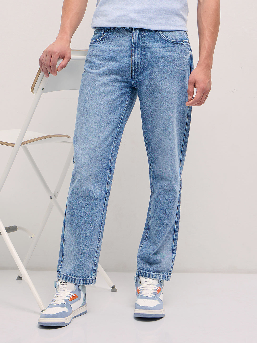 Mid Blue Straight Fit Mid Rise Jean with Light Washed Effect
