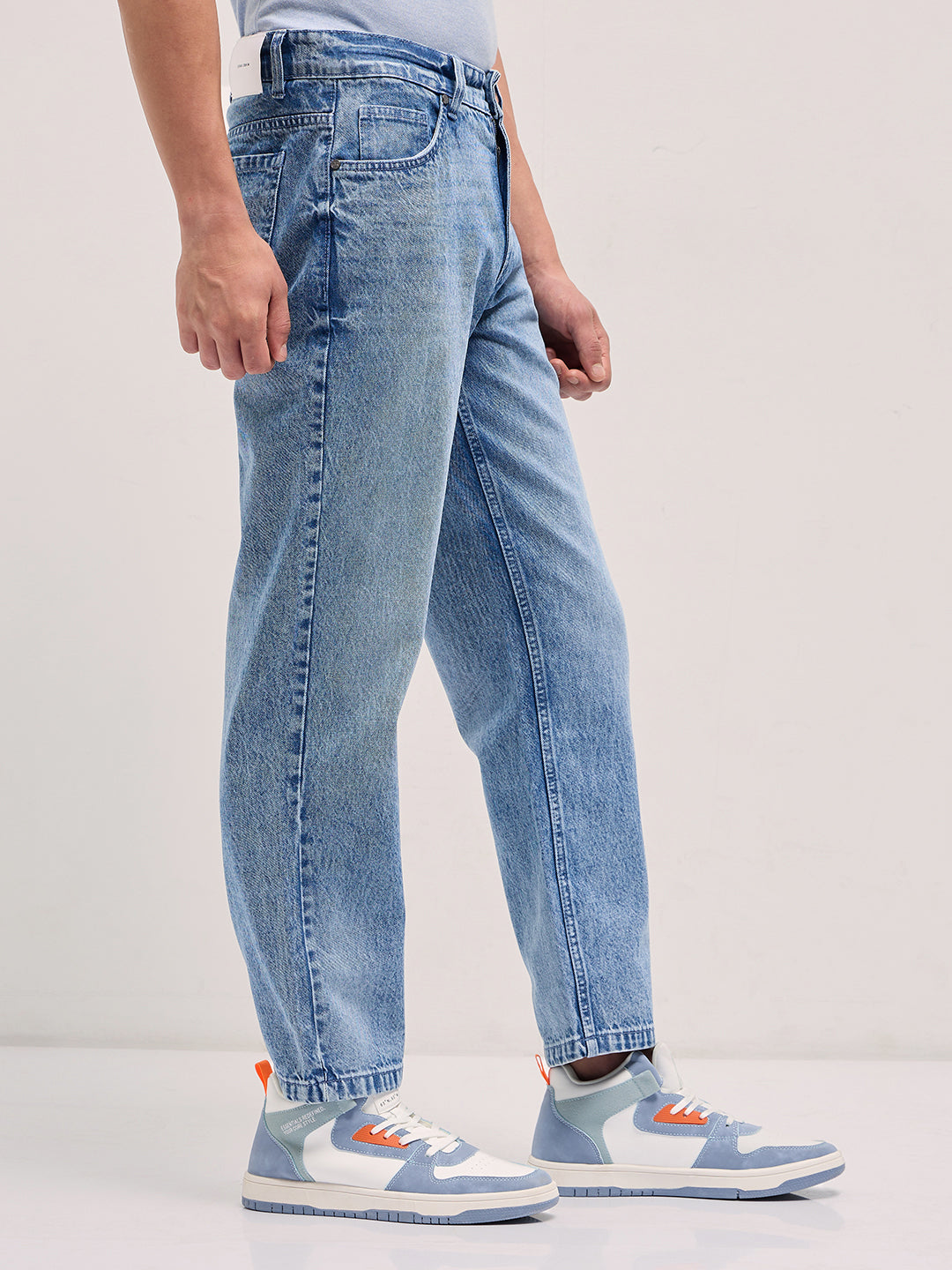 Mid Blue Straight Fit Mid Rise Jean with Light Washed Effect