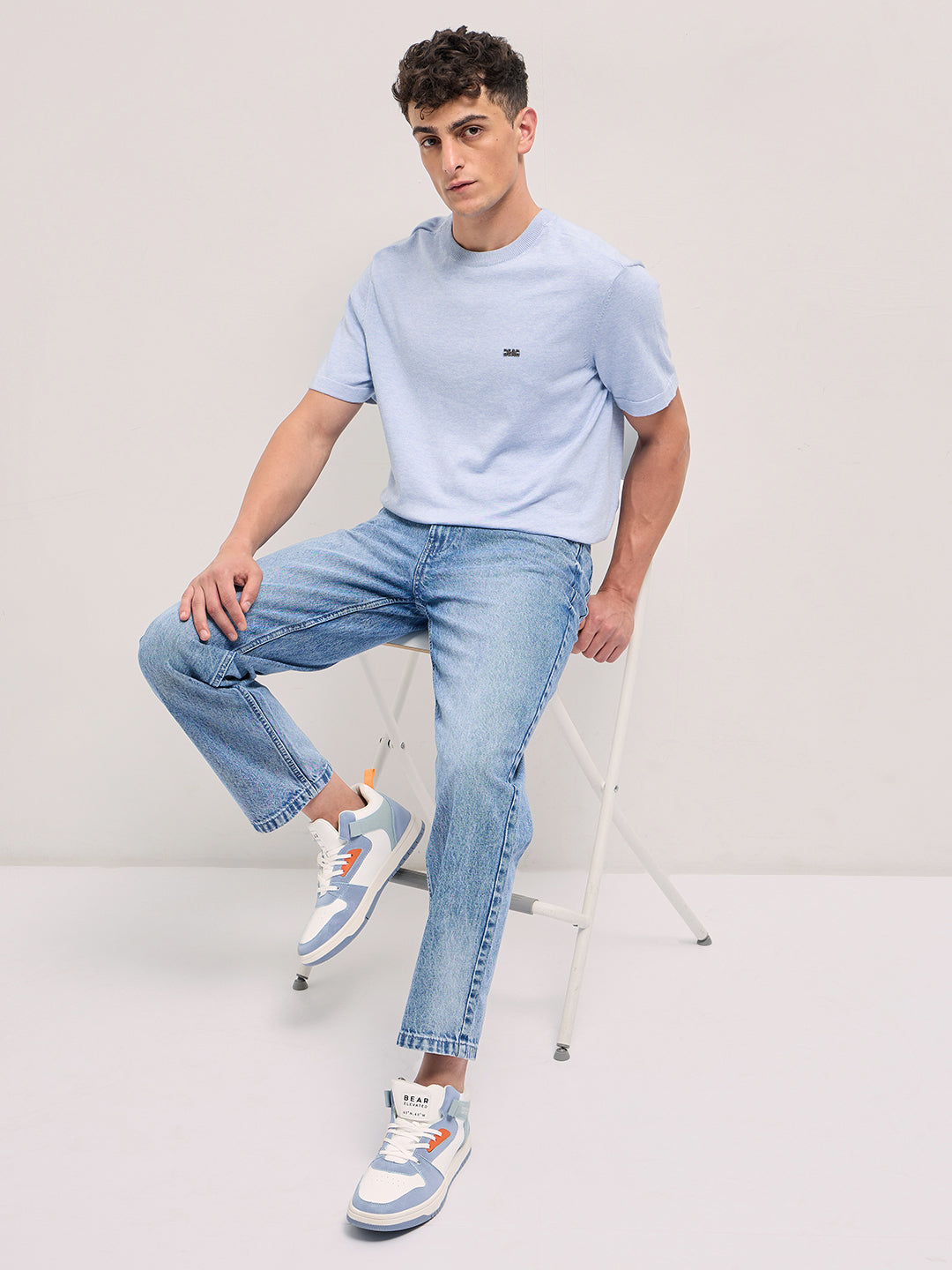 Mid Blue Straight Fit Mid Rise Jean with Light Washed Effect