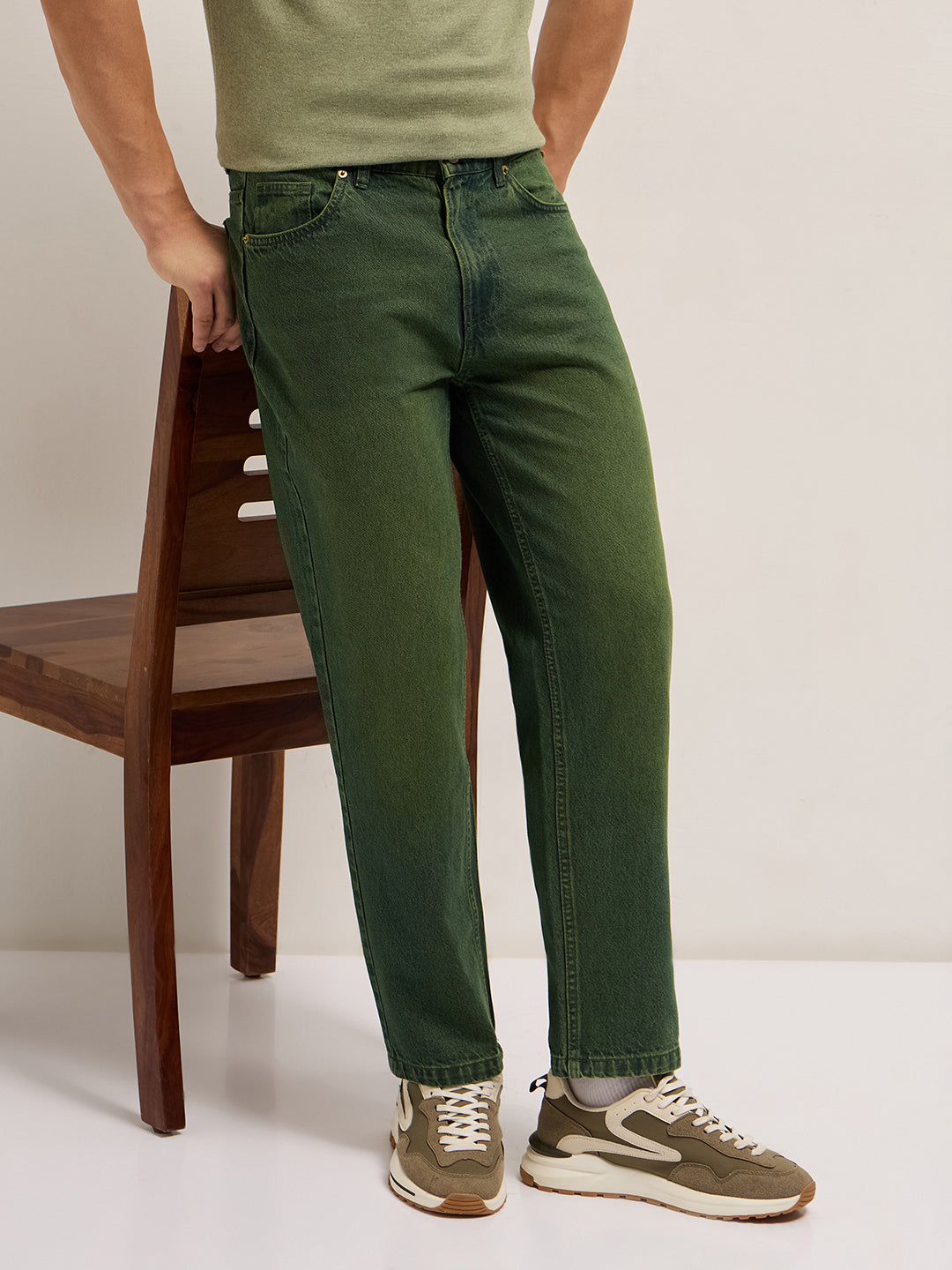Green Mid-Rise Straight Fit Jeans with Heavy Washed Effect