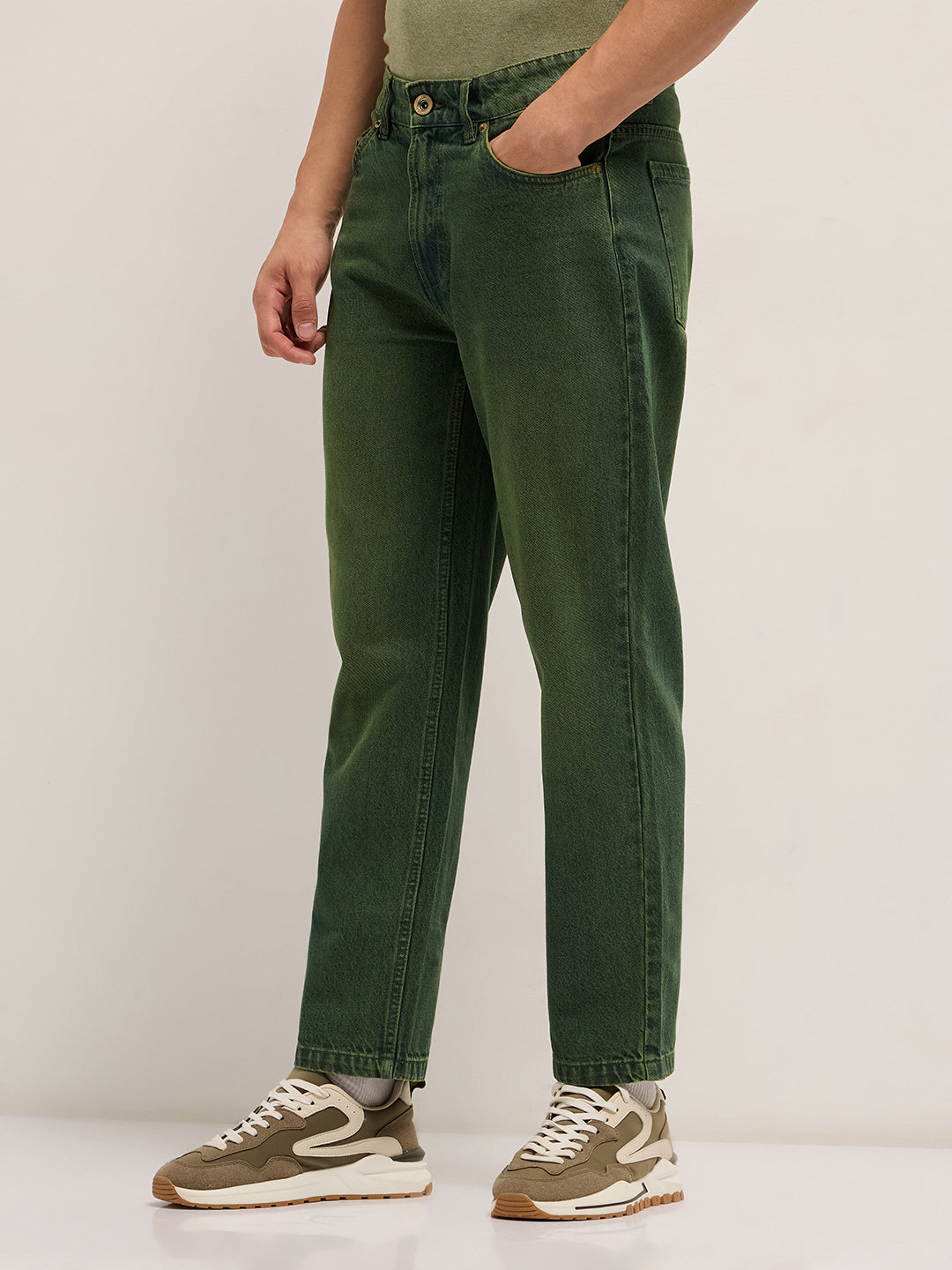Green Mid-Rise Straight Fit Jeans with Heavy Washed Effect